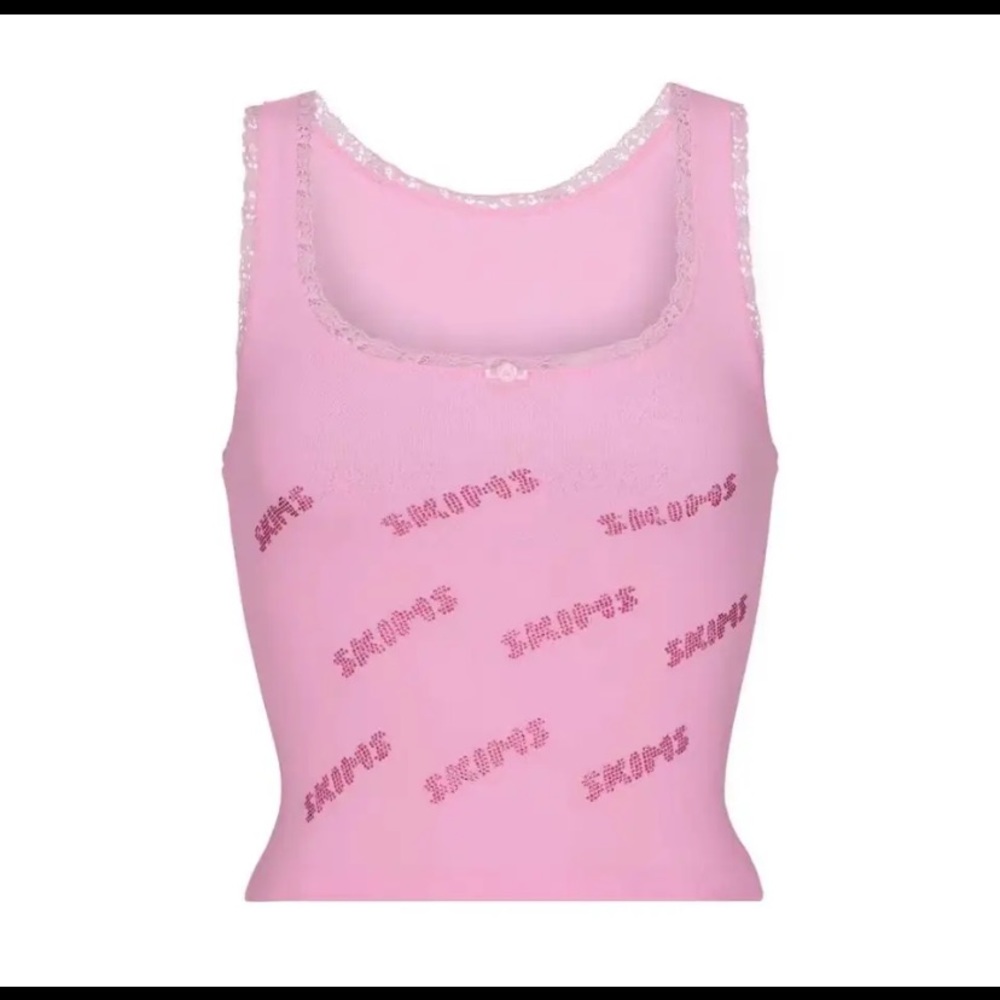 Skims NWT rhinestone pointelle tank top with logo pink lace